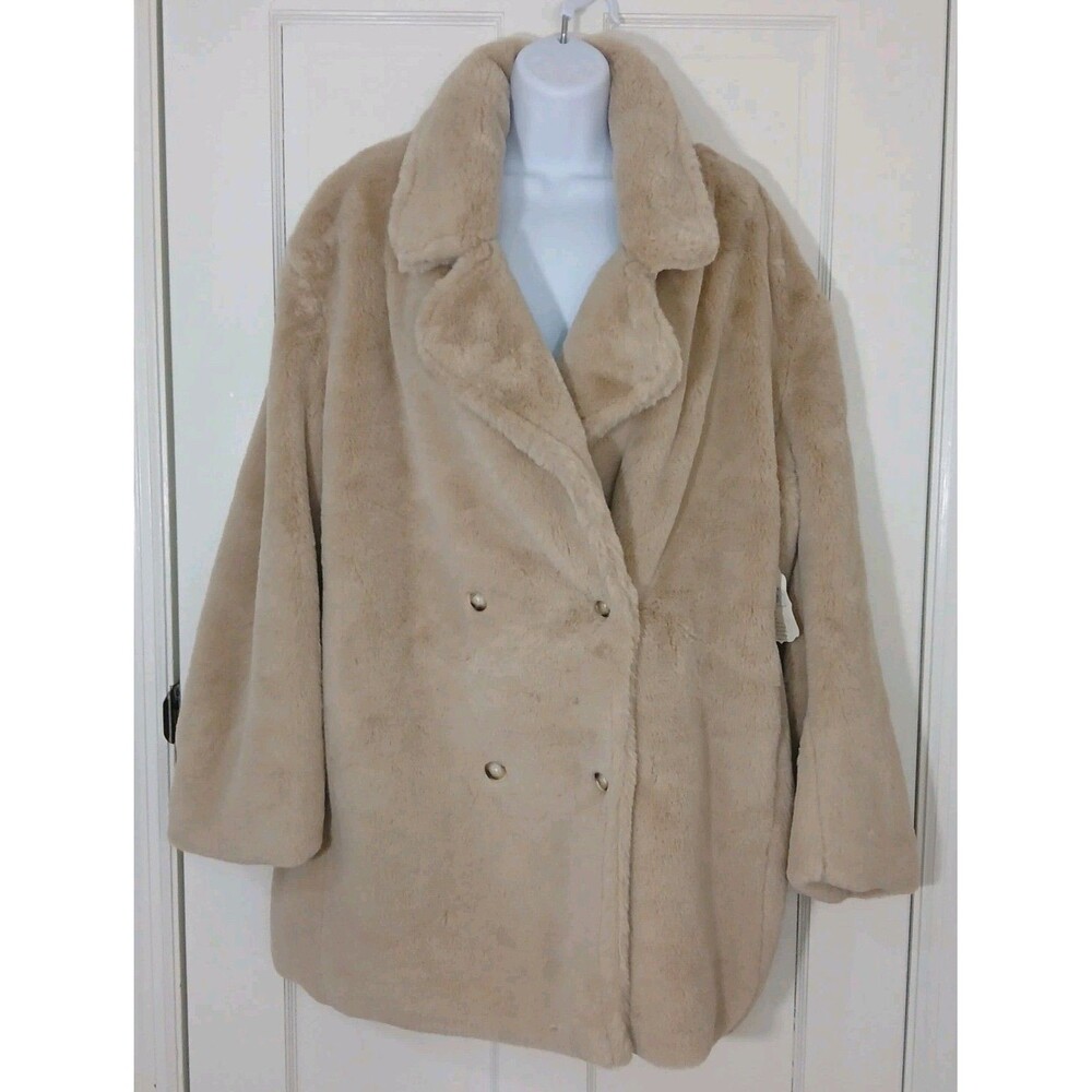 Altar'd State Faux Fur Coat Women's Size L Taupe Beige Double Breasted NWT $120 - Picture 14 of 16